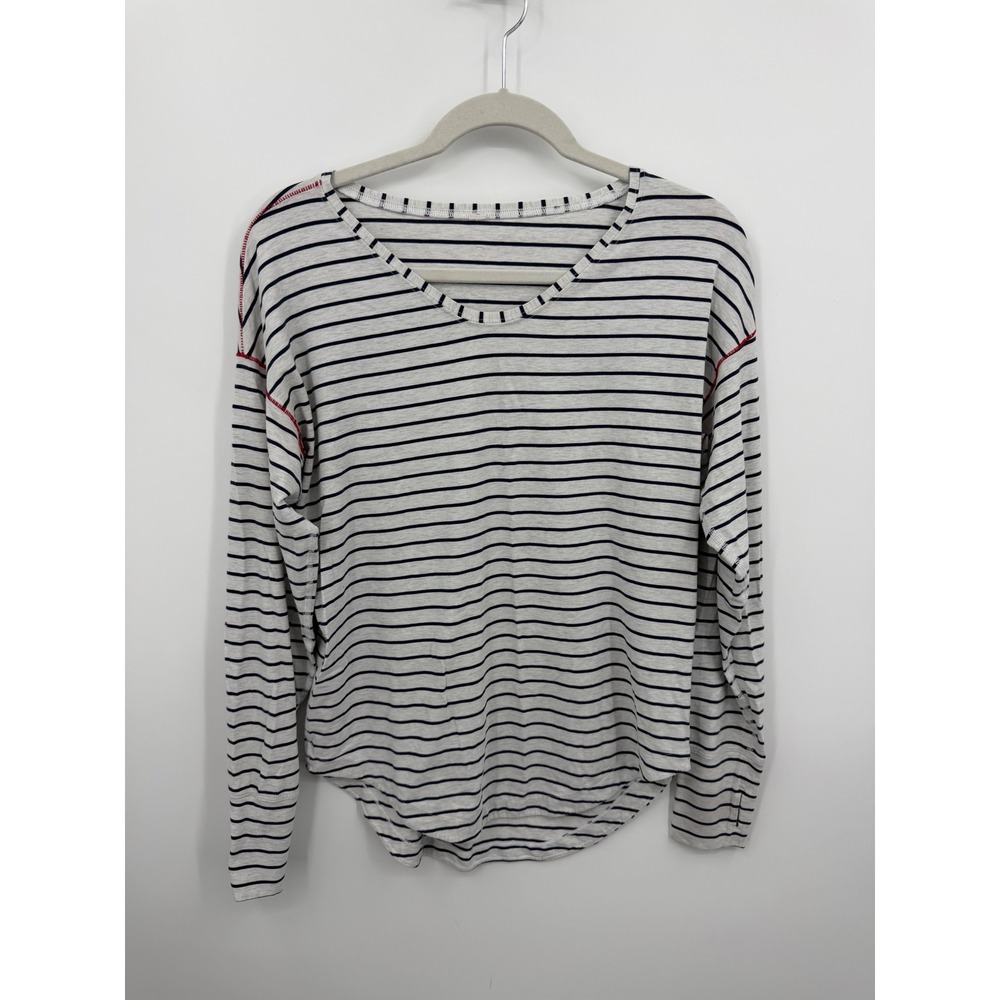 Lululemon Love Long Sleeve Top Women 6 White Navy Striped Red Stitching Hem